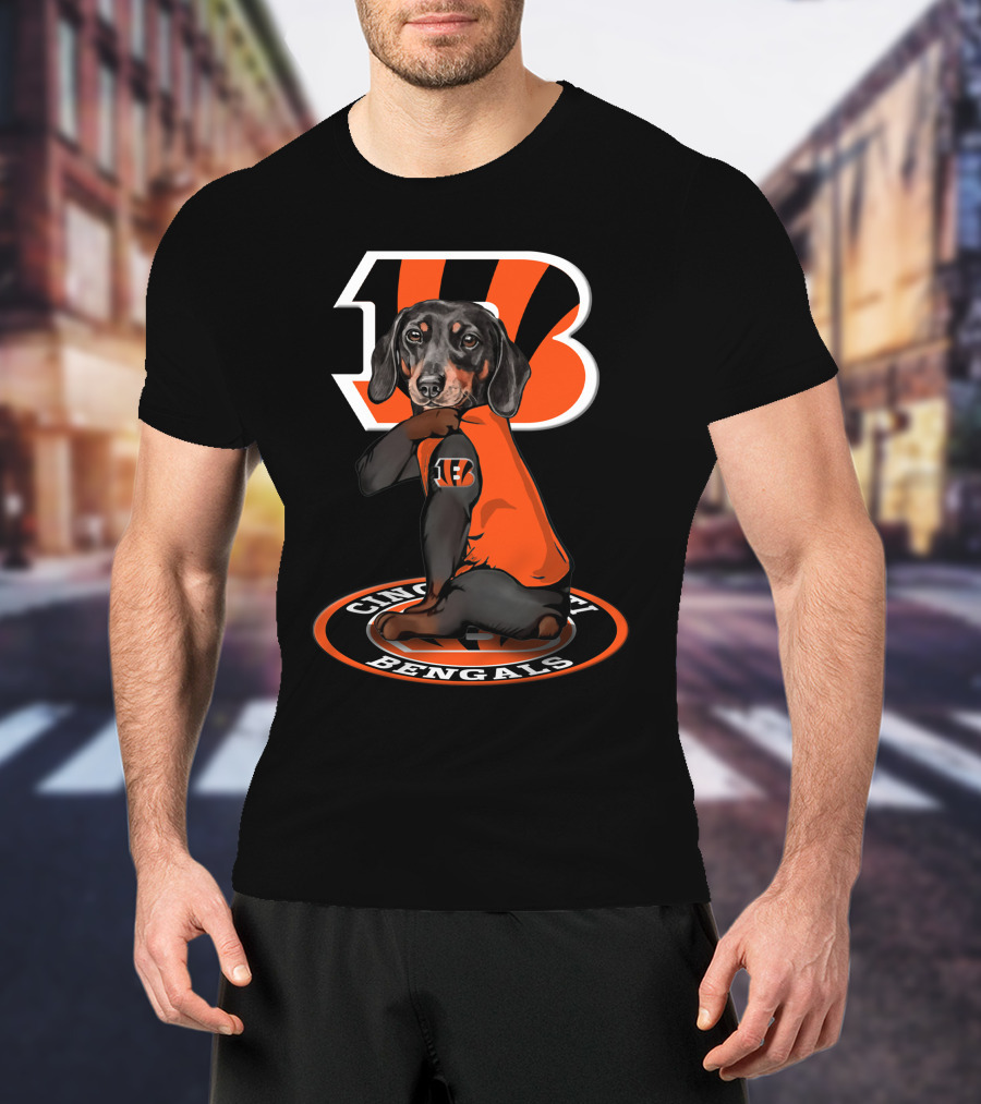 Cincinnati Bengals Dachshund In Team Jersey With Bengals T-Shirt