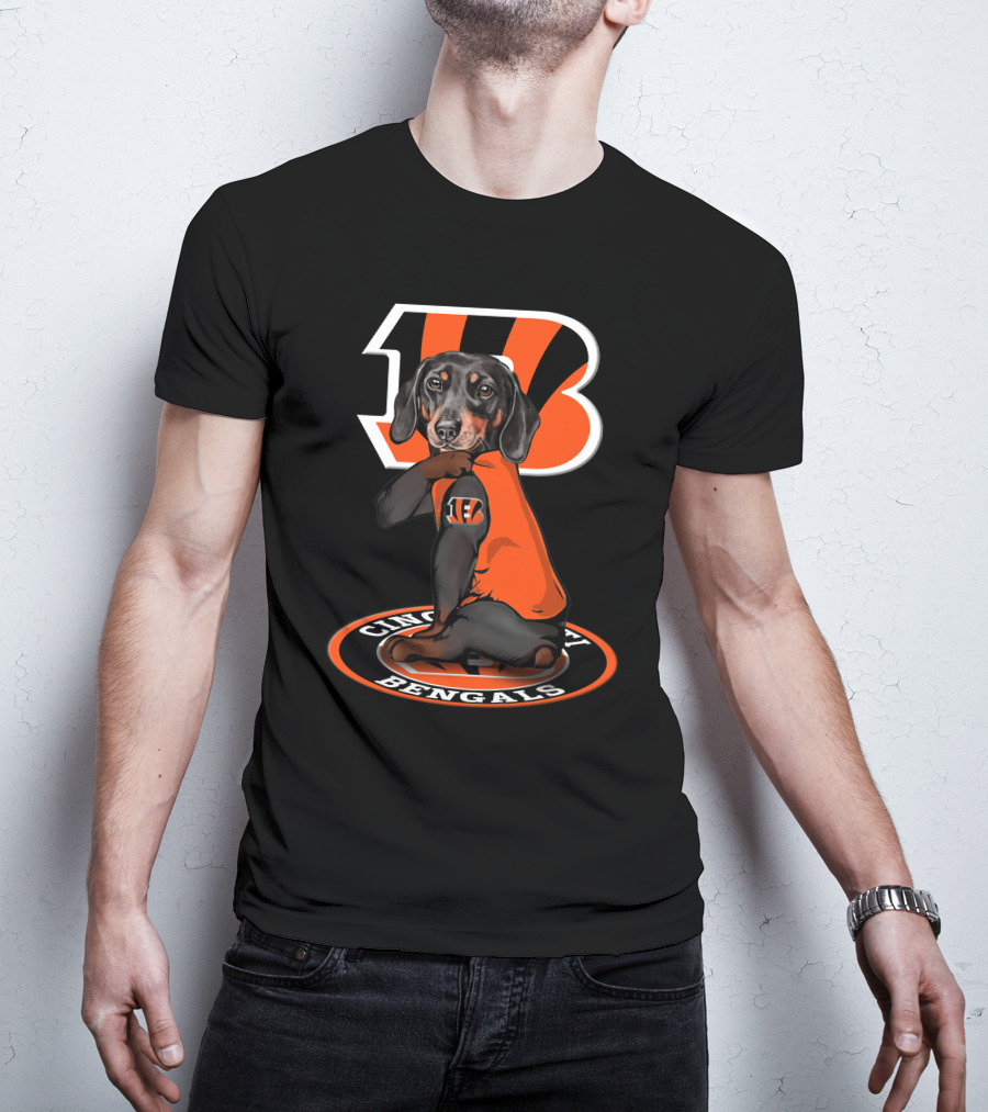 Cincinnati Bengals Dachshund In Team Jersey With Bengals T-Shirt