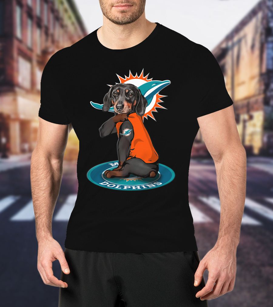 Miami Dolphins Dog Wearing Team Colors On T-Shirt