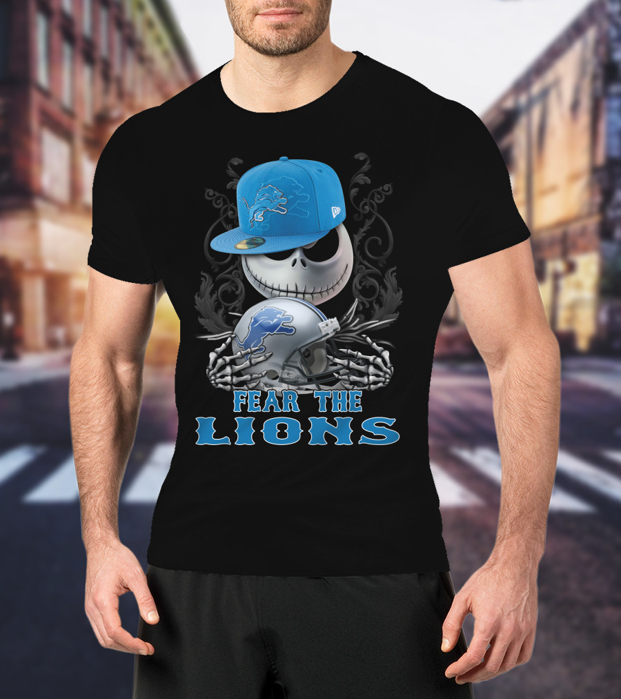 Fear The Lions Skull With Detroit Lions Cap And Helmet T-Shirt