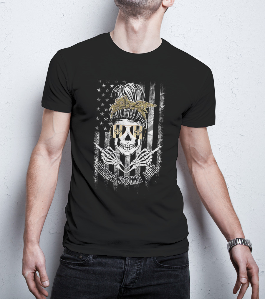 New Orleans Saints Skull Haters Gonna Hate Usa Flag Gold Bow Fleur-De-Lis Sunglasses T-Shirt