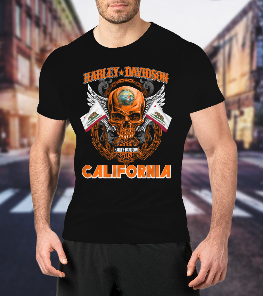 Harley Davidson California Skull Emblem With State Flag And Wings T-Shirt