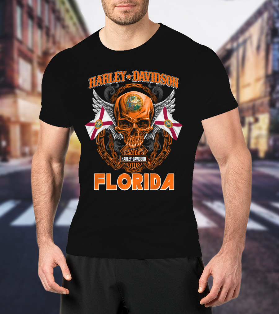 Harley Davidson Florida Skull With Chains And Florida Flags T-Shirt