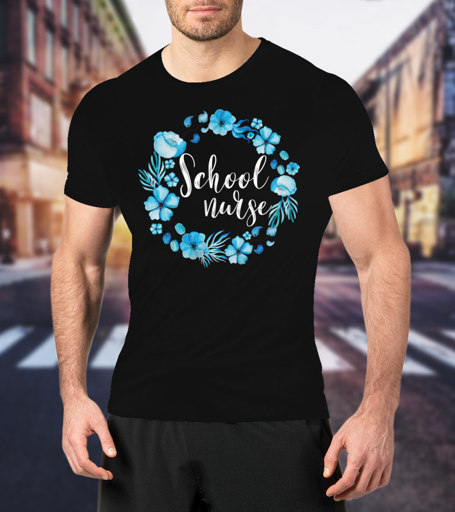 School Nurse Blue Floral Circle T-Shirt