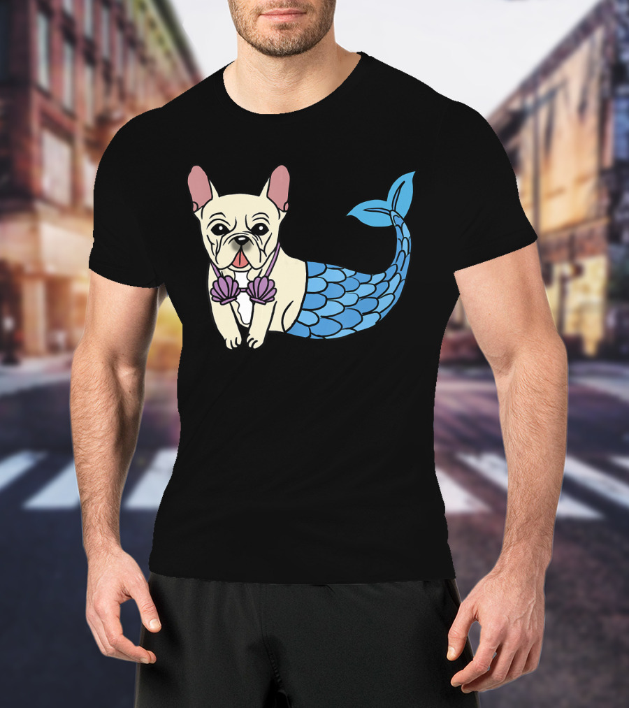 Cream French Bulldog Mermaid With Shell Bra Funny Do T-Shirt