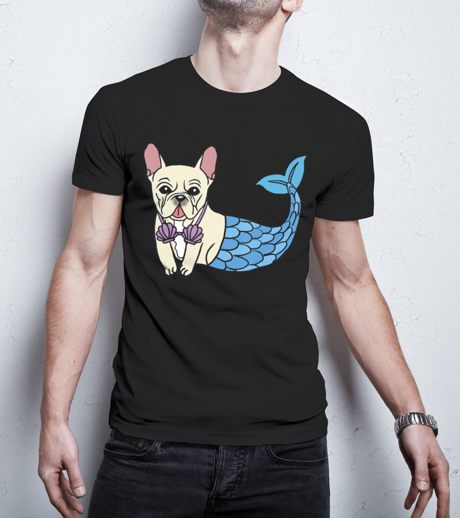 Cream French Bulldog Mermaid With Shell Bra Funny Do T-Shirt