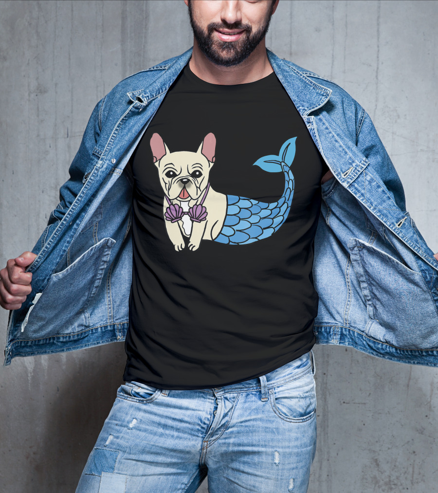 Cream French Bulldog Mermaid With Shell Bra Funny Do T-Shirt