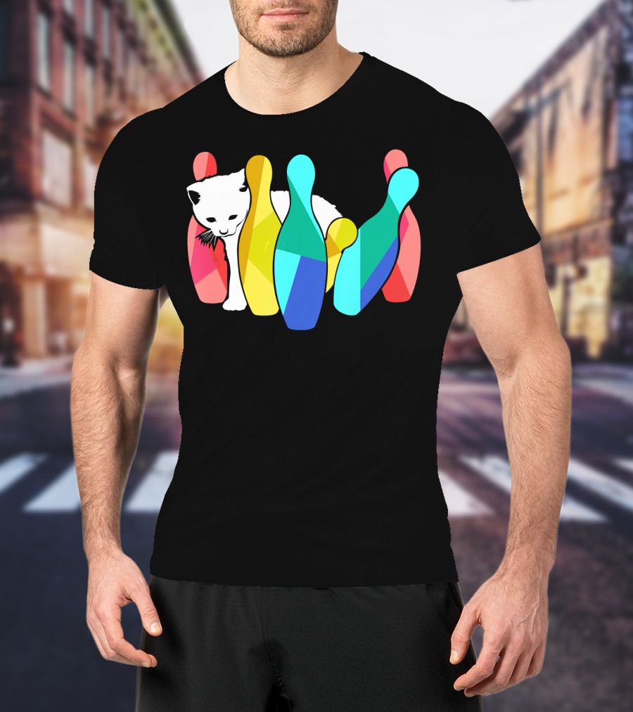 Playful Cute Cat Knocking Over Colorful Bowling Pins Kitty T-Shirt