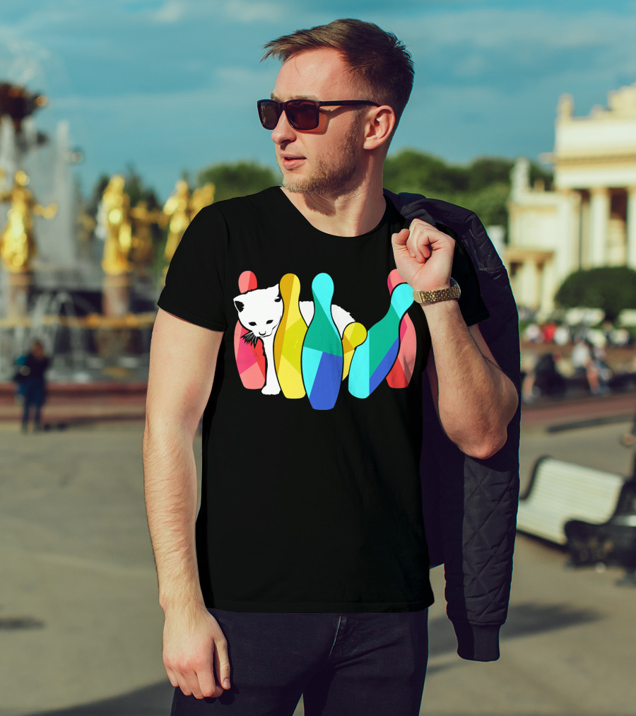 Playful Cute Cat Knocking Over Colorful Bowling Pins Kitty T-Shirt