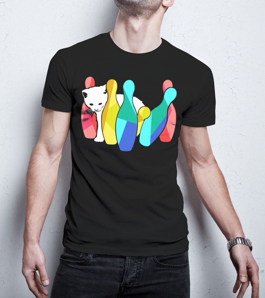 Playful Cute Cat Knocking Over Colorful Bowling Pins Kitty T-Shirt