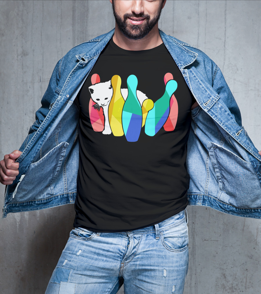 Playful Cute Cat Knocking Over Colorful Bowling Pins Kitty T-Shirt