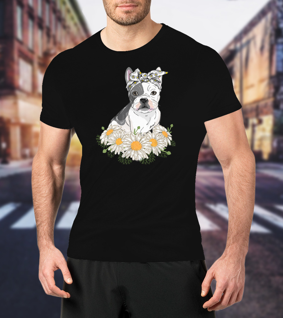 French Bulldog With Daisy Headband And Flower Garden T-Shirt