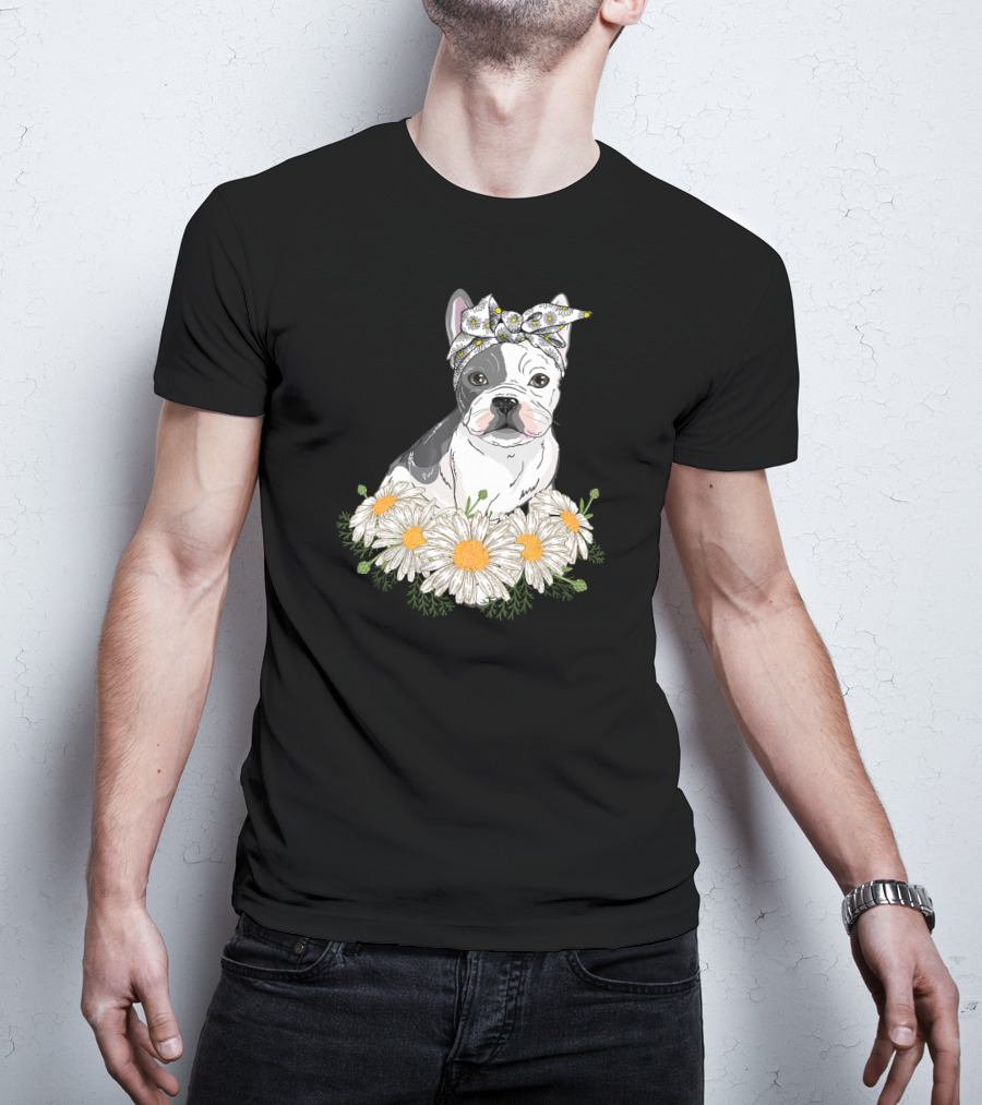 French Bulldog With Daisy Headband And Flower Garden T-Shirt