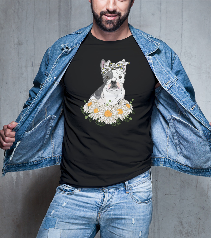 French Bulldog With Daisy Headband And Flower Garden T-Shirt