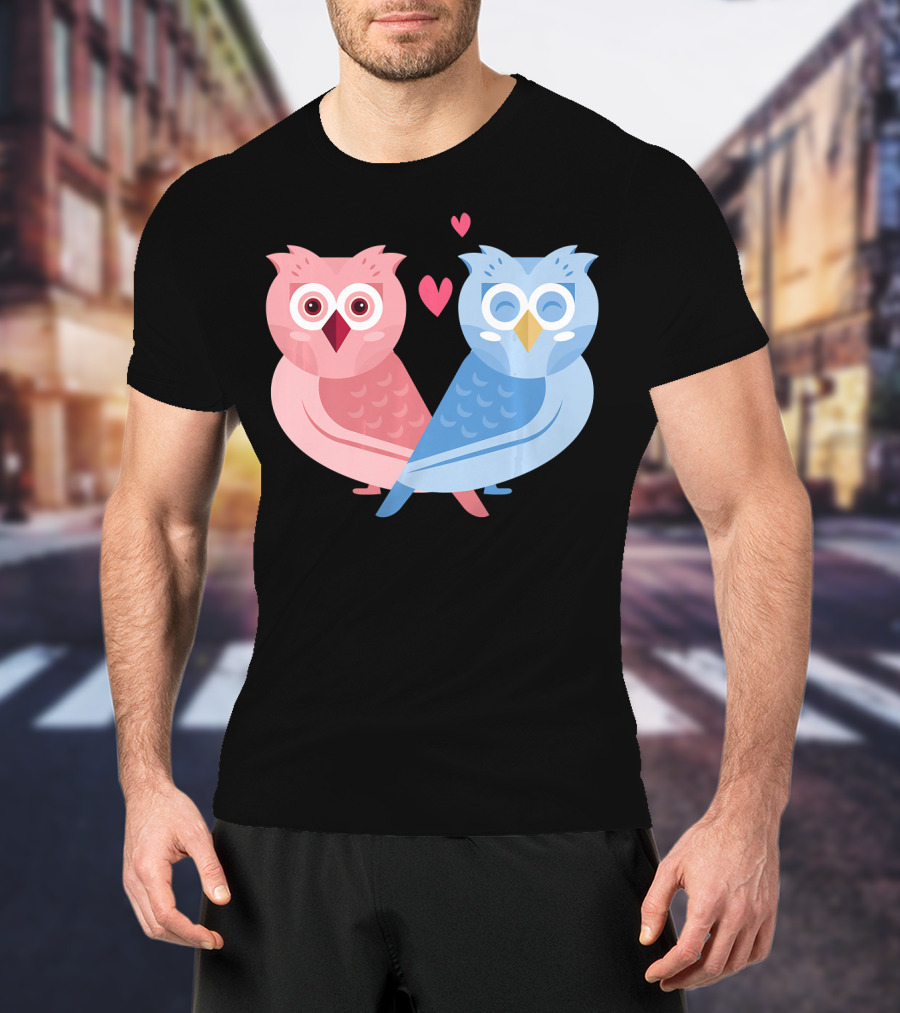 Cute Owls Birds In Love Couple With Hearts T-Shirt