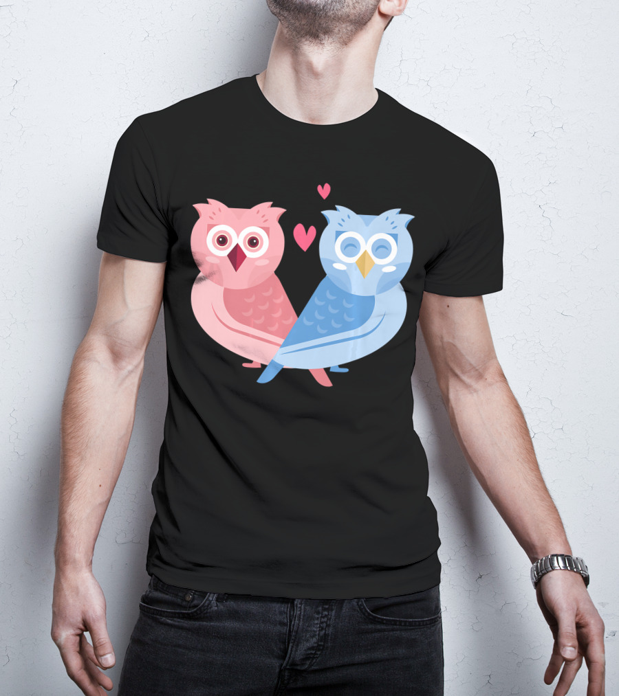 Cute Owls Birds In Love Couple With Hearts T-Shirt