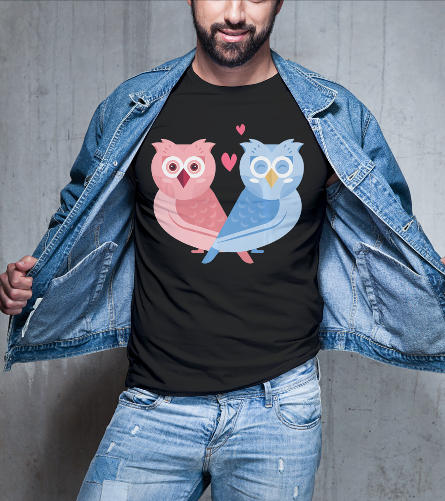 Cute Owls Birds In Love Couple With Hearts T-Shirt