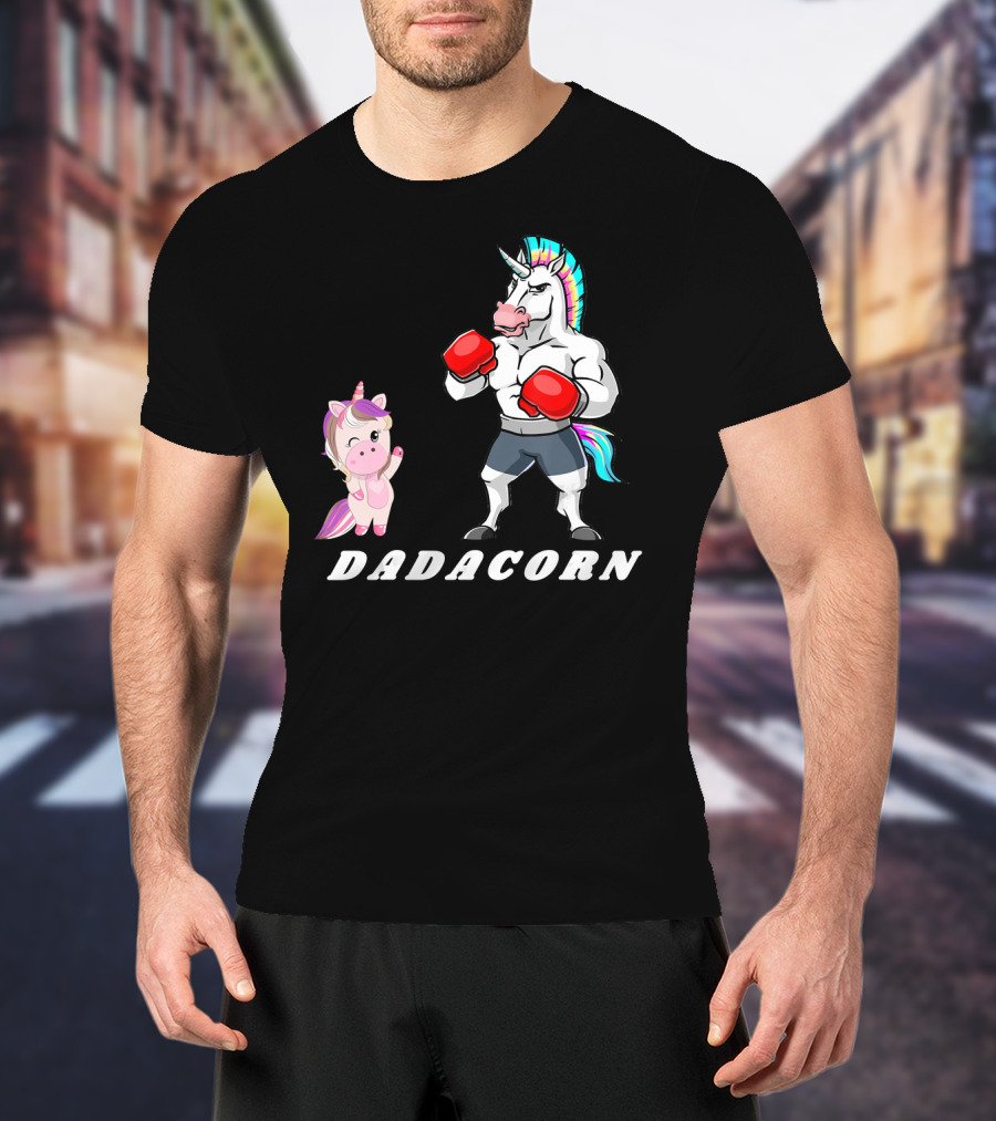 Dadacorn Boxing Unicorn Dad Baby With Muscle And Rainbow Mane T-Shirt