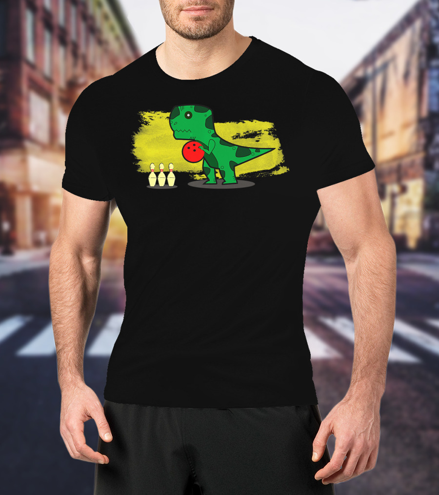 Dino Bowler With Red Bowling Ball And Pins In Yellow Splash Background T-Shirt