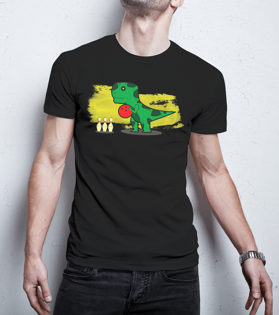 Dino Bowler With Red Bowling Ball And Pins In Yellow Splash Background T-Shirt
