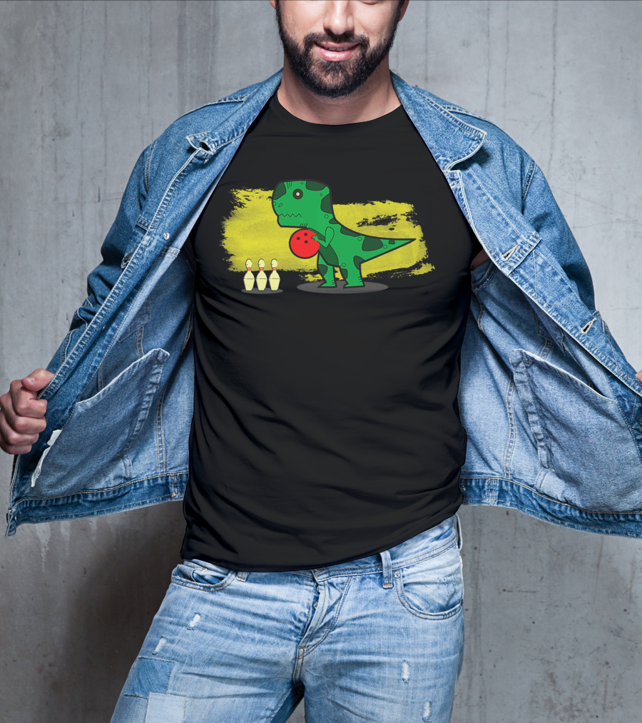 Dino Bowler With Red Bowling Ball And Pins In Yellow Splash Background T-Shirt