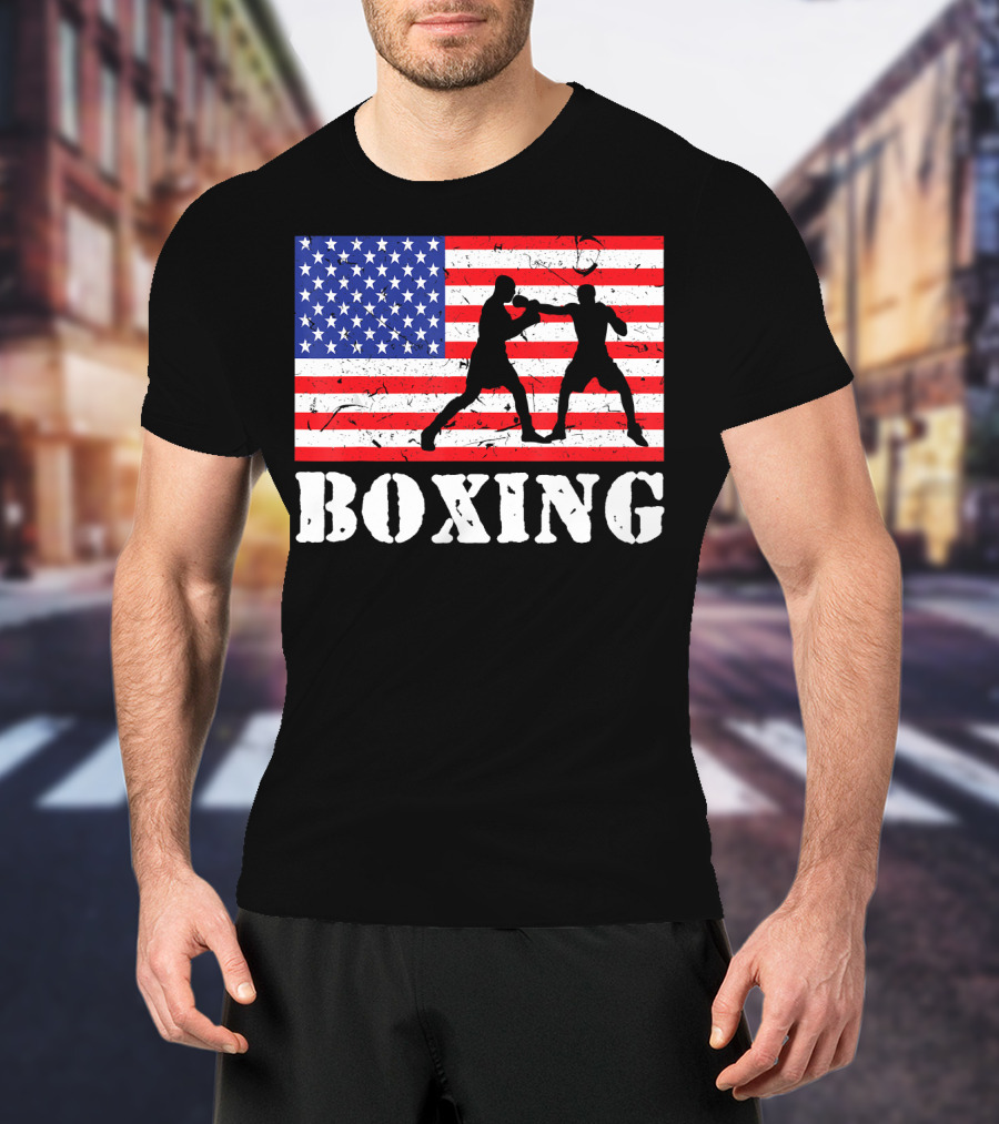 Distressed Boxing USA American Flag With Fighters T-Shirt