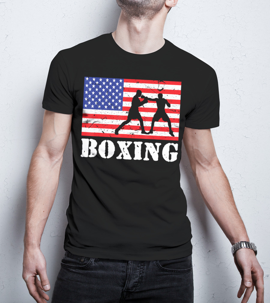 Distressed Boxing USA American Flag With Fighters T-Shirt
