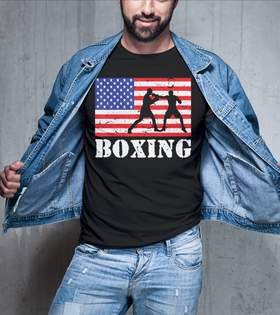 Distressed Boxing USA American Flag With Fighters T-Shirt