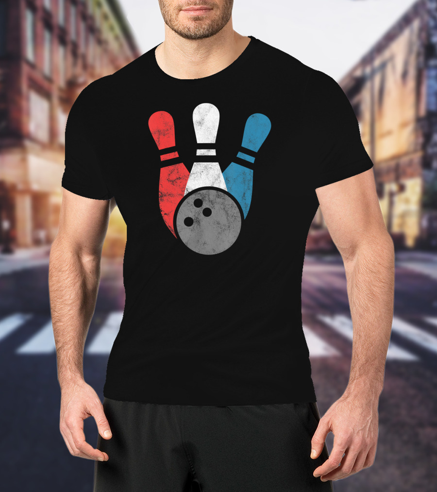 Distressed Bowling Red White Blue Bowling Pins T-Shirt