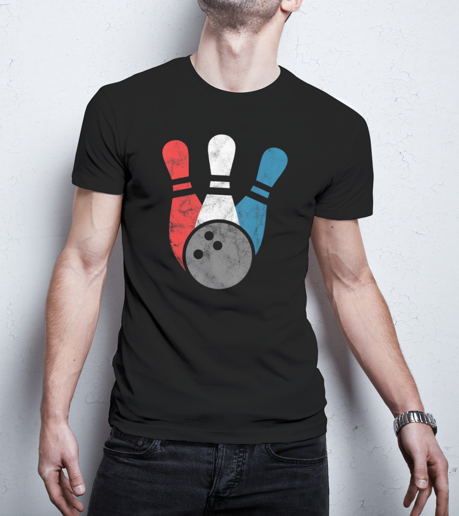 Distressed Bowling Red White Blue Bowling Pins T-Shirt