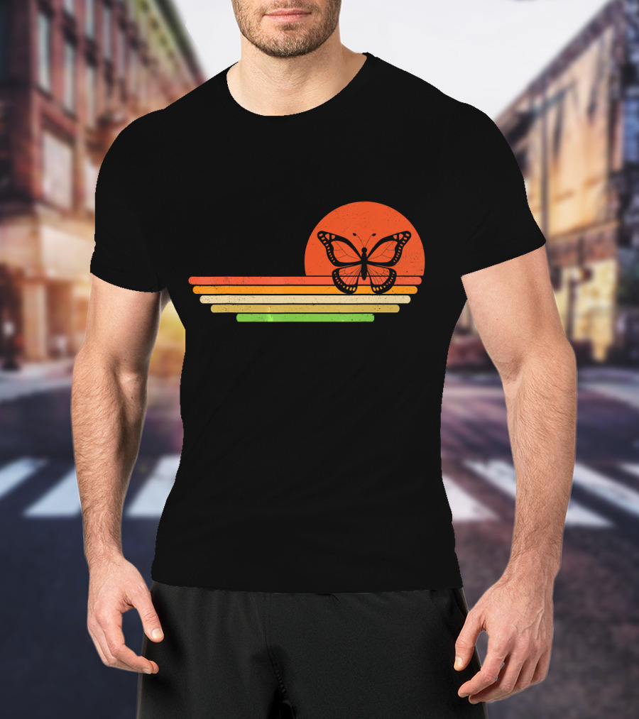 Distressed Butterfly Retro Sunset Stripes T-Shirt