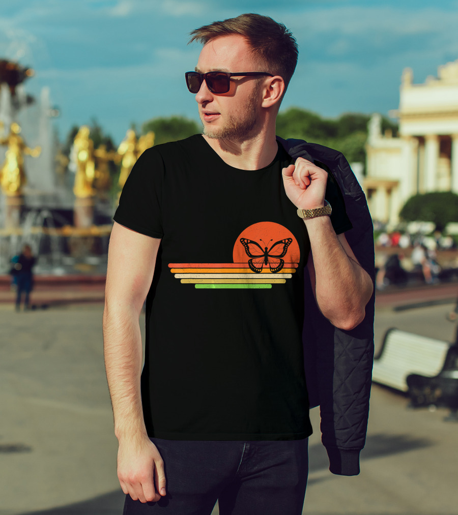 Distressed Butterfly Retro Sunset Stripes T-Shirt