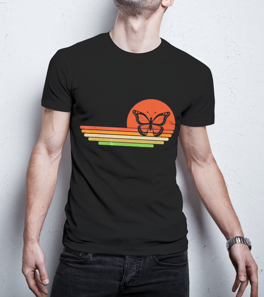 Distressed Butterfly Retro Sunset Stripes T-Shirt