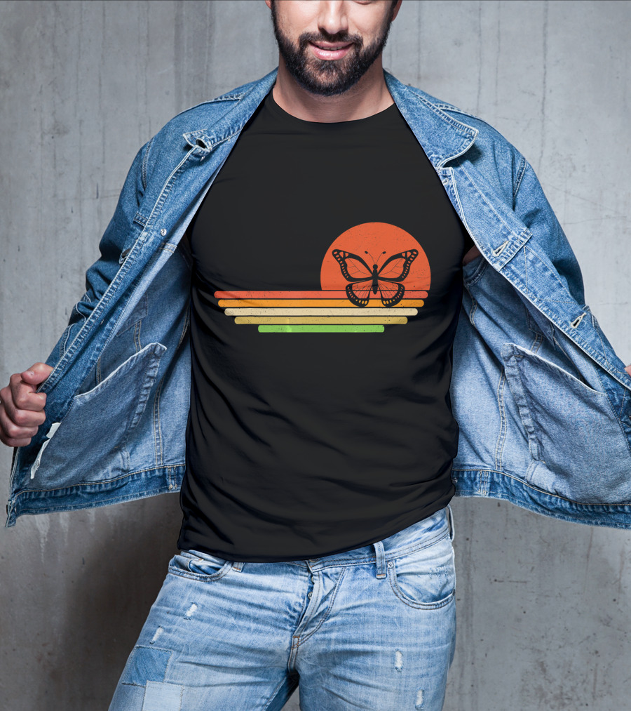 Distressed Butterfly Retro Sunset Stripes T-Shirt