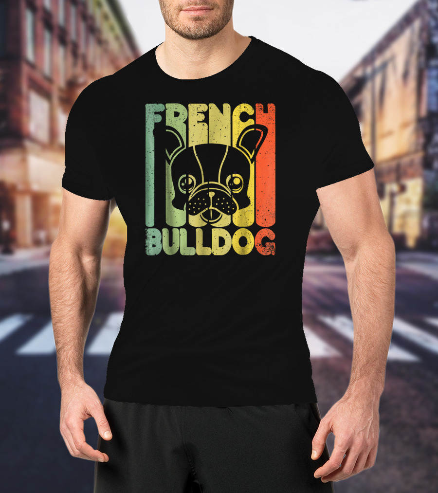 Distressed French Bulldog Vintage Rainbow Stripes T-Shirt