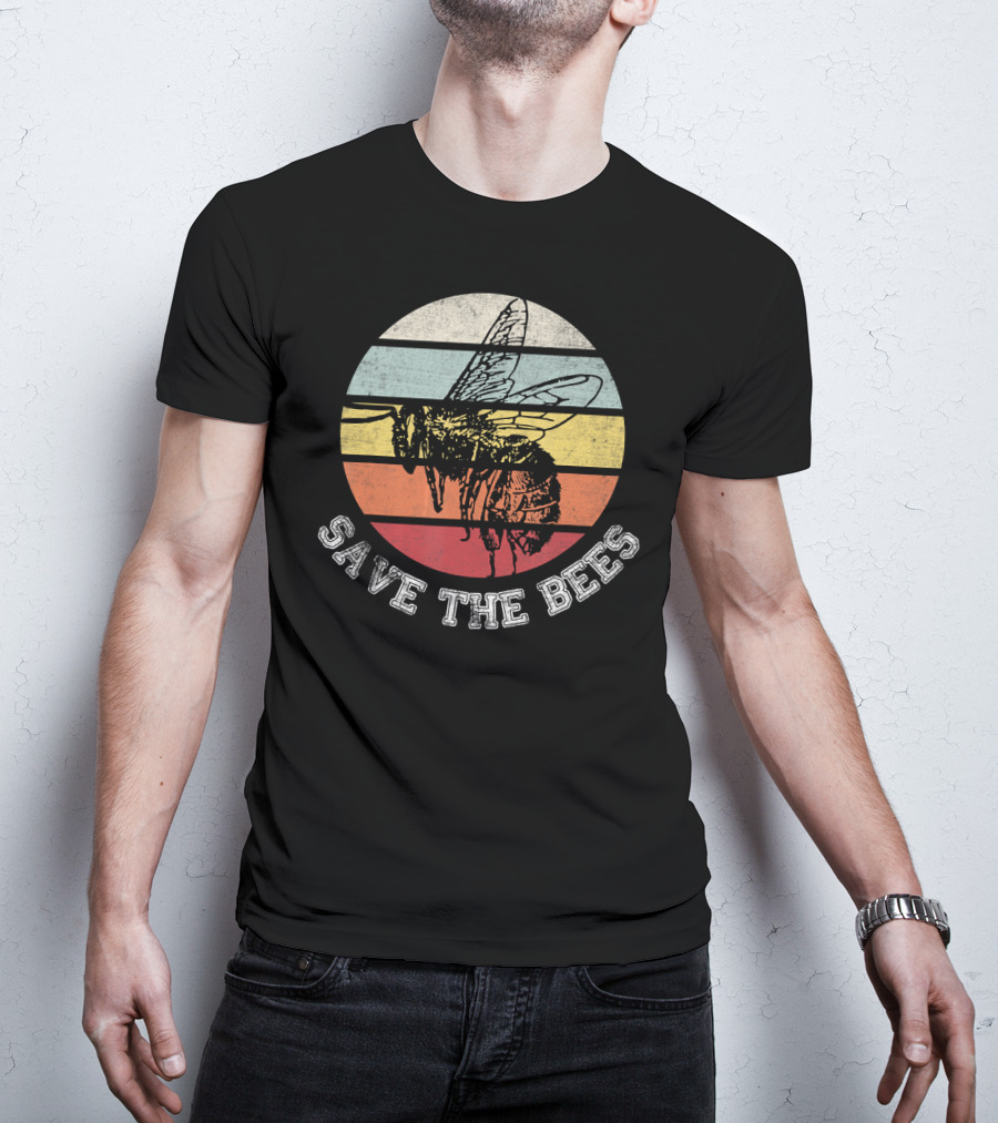 Save The Bees Distressed Vintage Rainbow Stripe T-Shirt