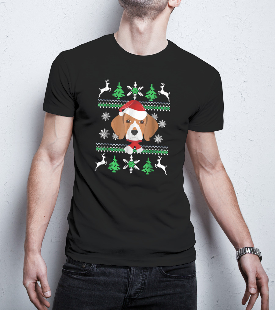 Beagle Santa Christmas Sweater With Snowflakes And Reindeer T-Shirt
