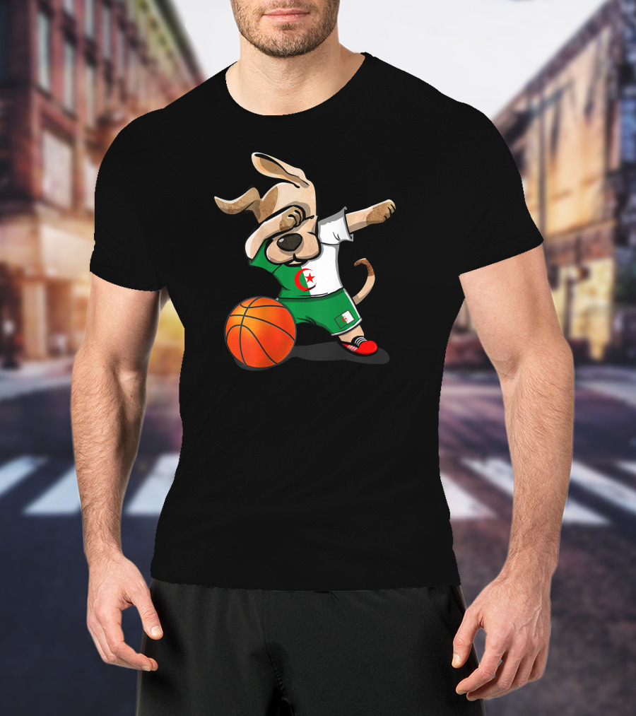 Dog Dabbing Basketball Algeria Flag Jersey T-Shirt
