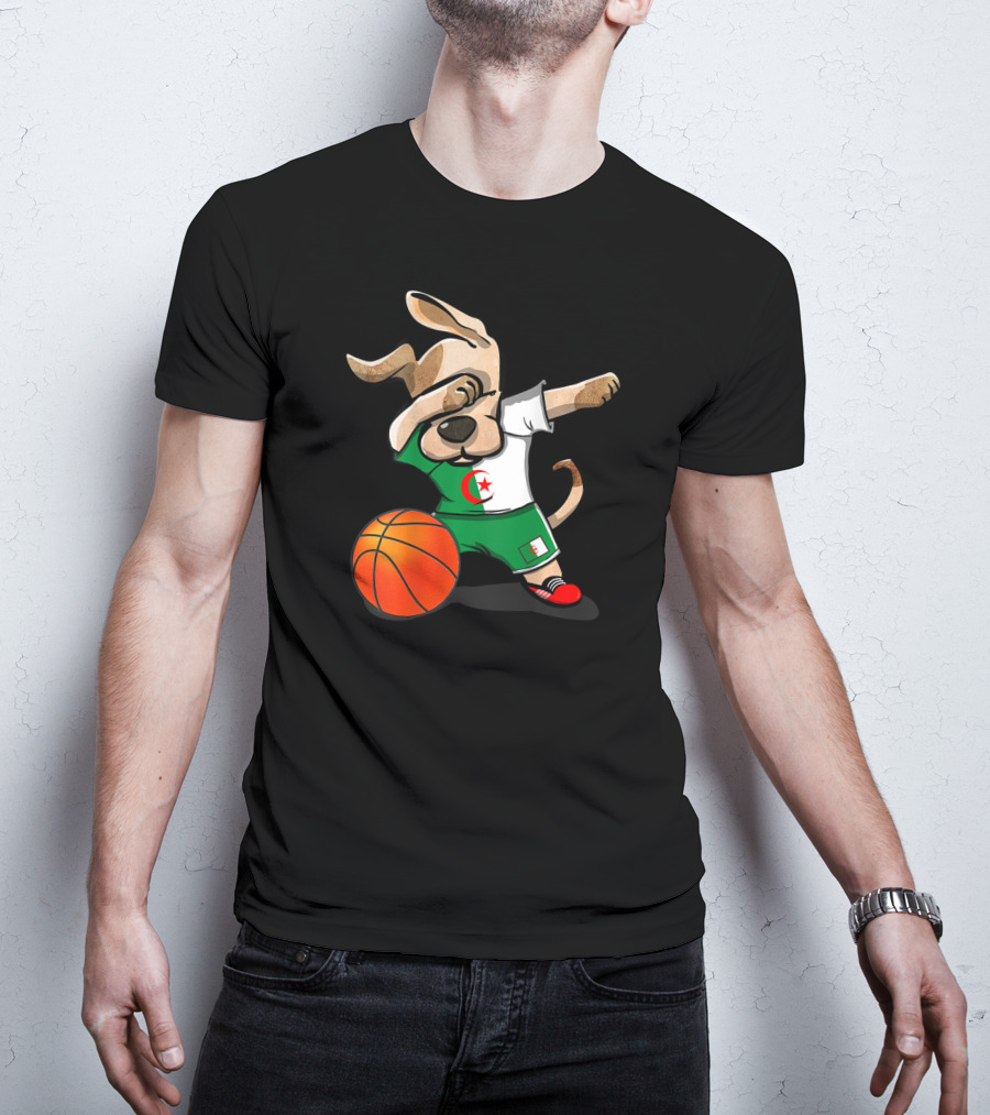Dog Dabbing Basketball Algeria Flag Jersey T-Shirt