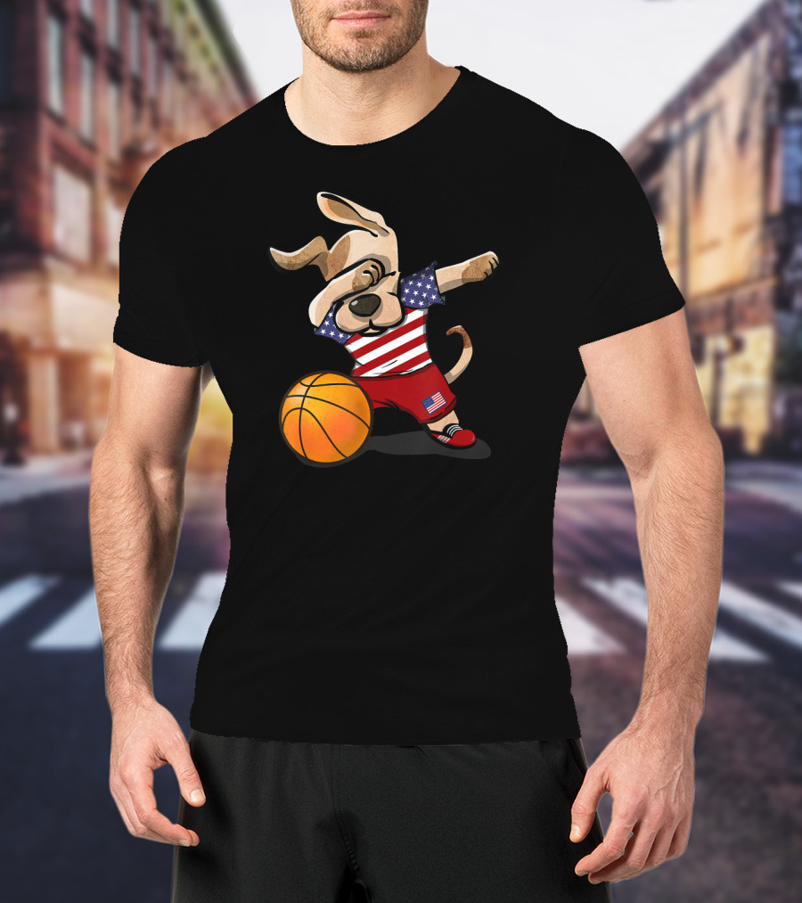 USA Basketball Dog Dabbing With American Flag T-Shirt