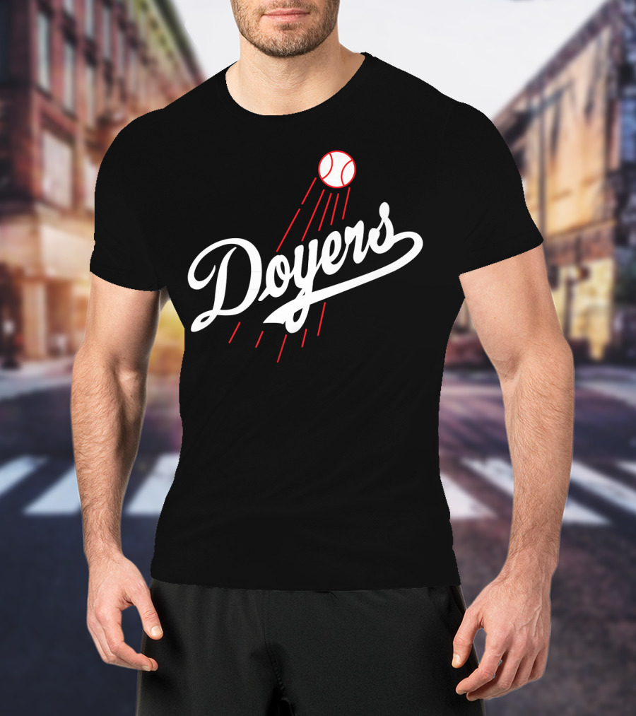 Doyers Baseball Red And White Script With Flying Ball T-Shirt