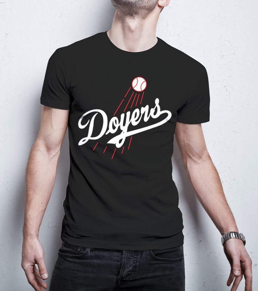 Doyers Baseball Red And White Script With Flying Ball T-Shirt