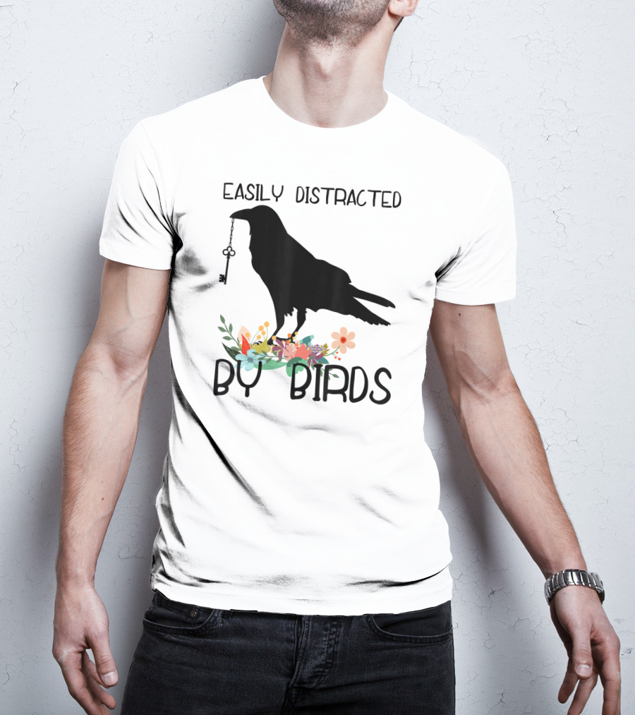 Easily Distracted By Birds Silhouette Of Bird With Key And Floral Elements T-Shirt