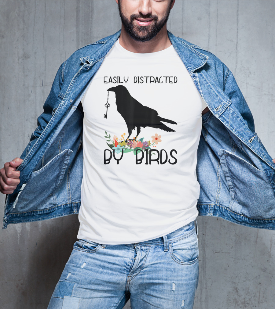 Easily Distracted By Birds Silhouette Of Bird With Key And Floral Elements T-Shirt