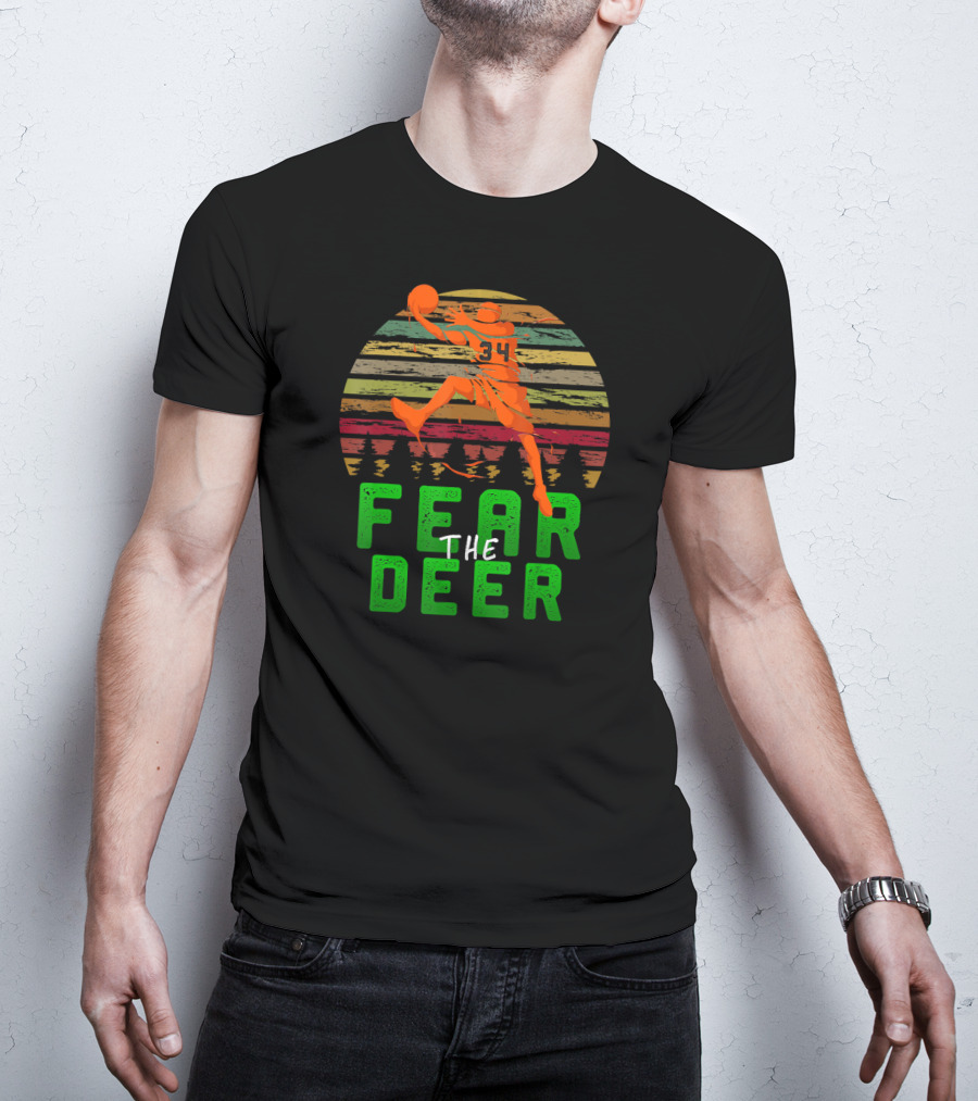 Fear The Deer 34 Milwaukee Basketball Retro Sunset Forest Jumper T-Shirt