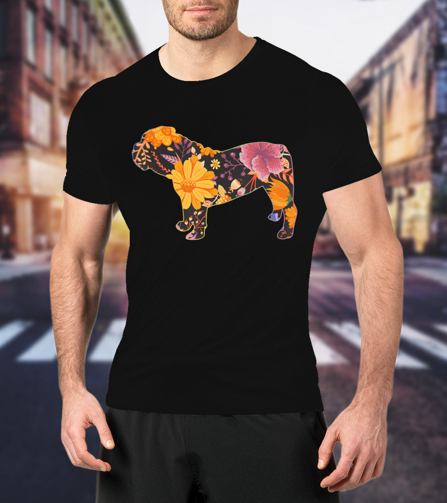 Floral Flower Vintage Bulldog Silhouette With Colorful Botanical T-Shirt
