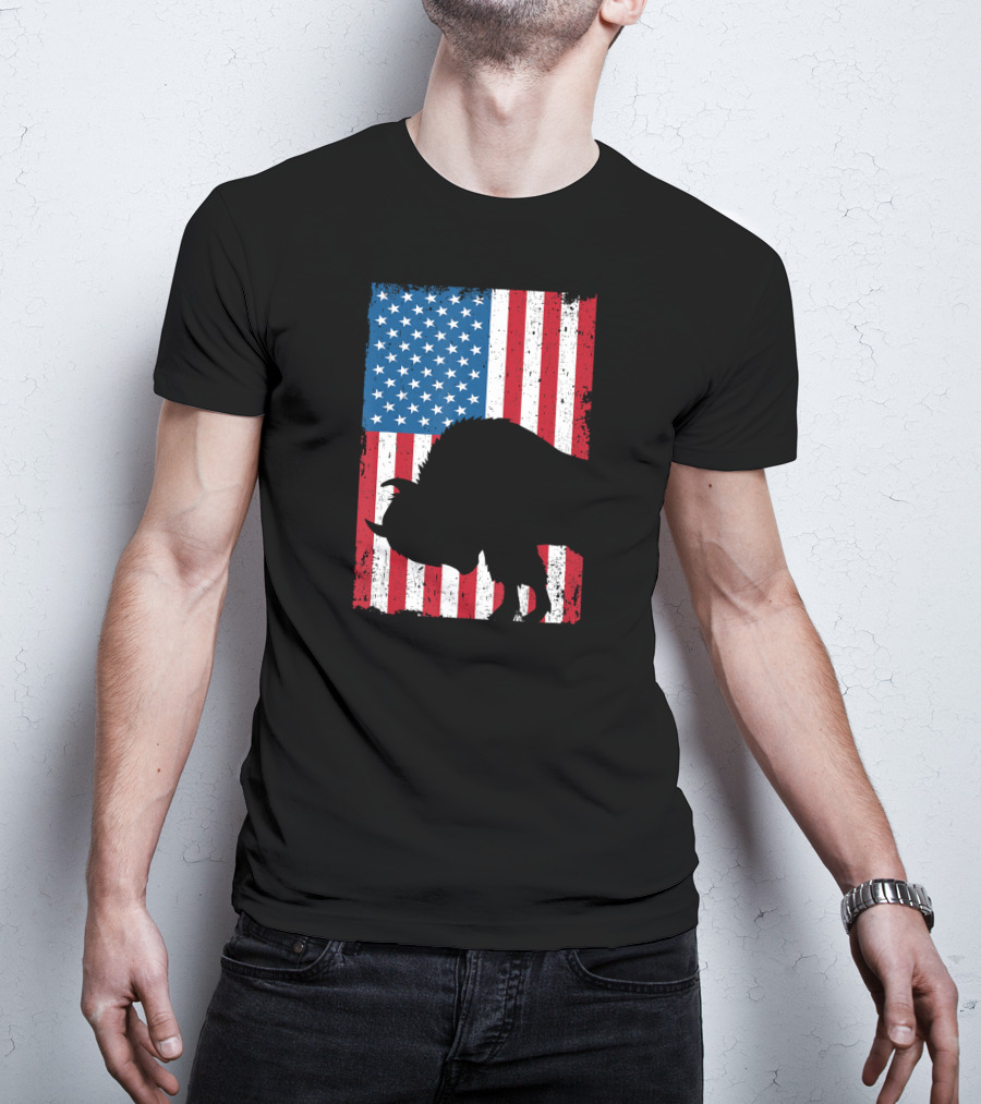 Fourth Of July Bison Patriot American Flag Silhouette Independence Day T-Shirt