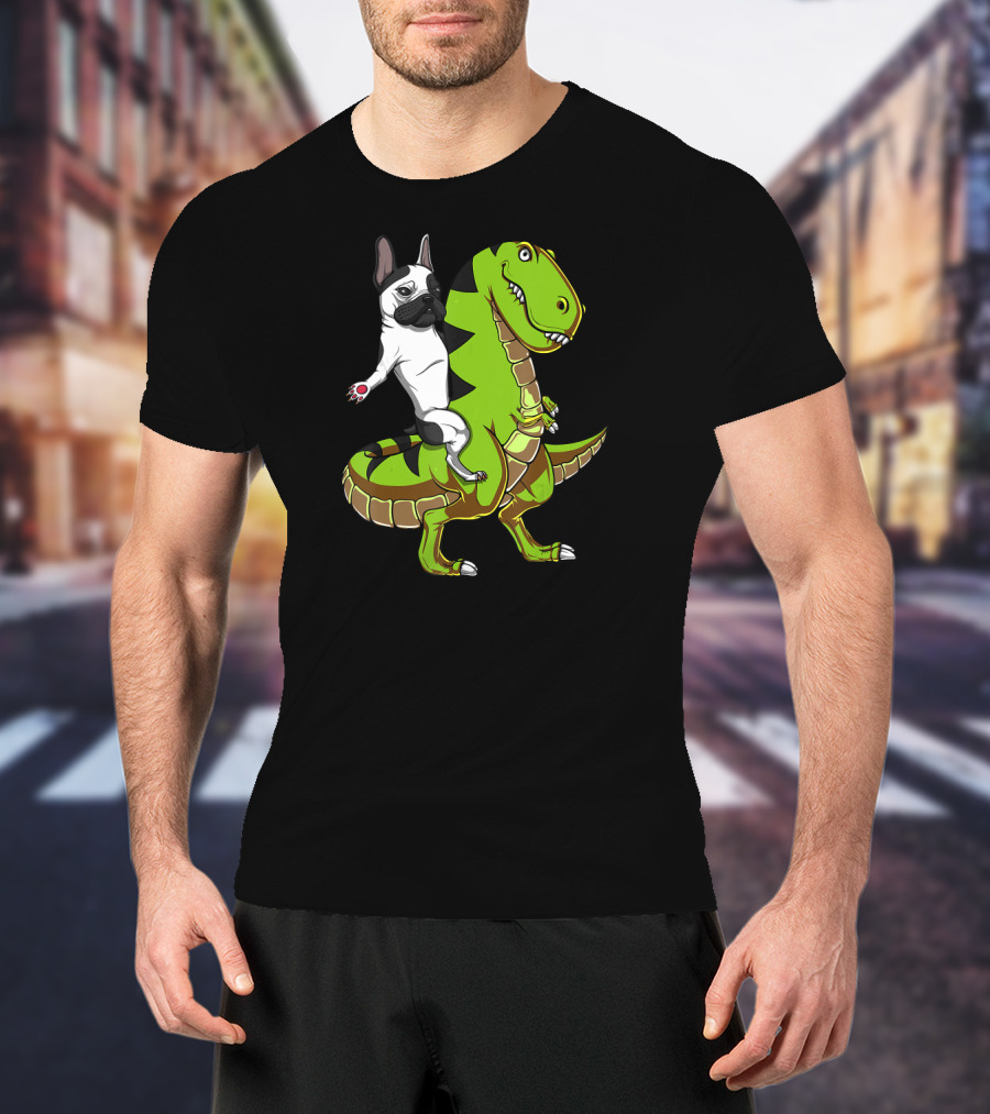 French Bulldog Riding T-Rex Dinosaur Adventure T-Shirt