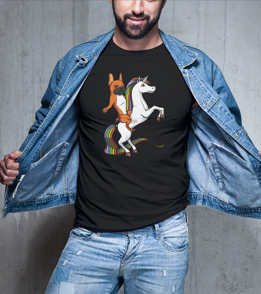French Bulldog Riding Rainbow Unicorn Funny Dog T-Shirt