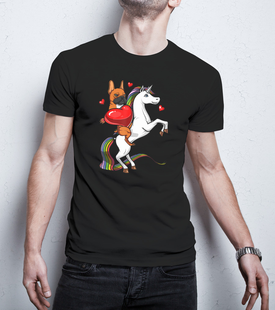 French Bulldog With Heart On Rainbow Unicorn Valentine's T-Shirt